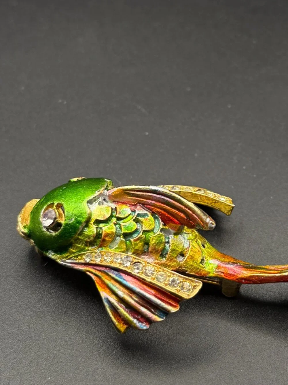Vintage Unsigned Enamel koi Fish Brooch Pin Rhinestone Gold Tone Colorful